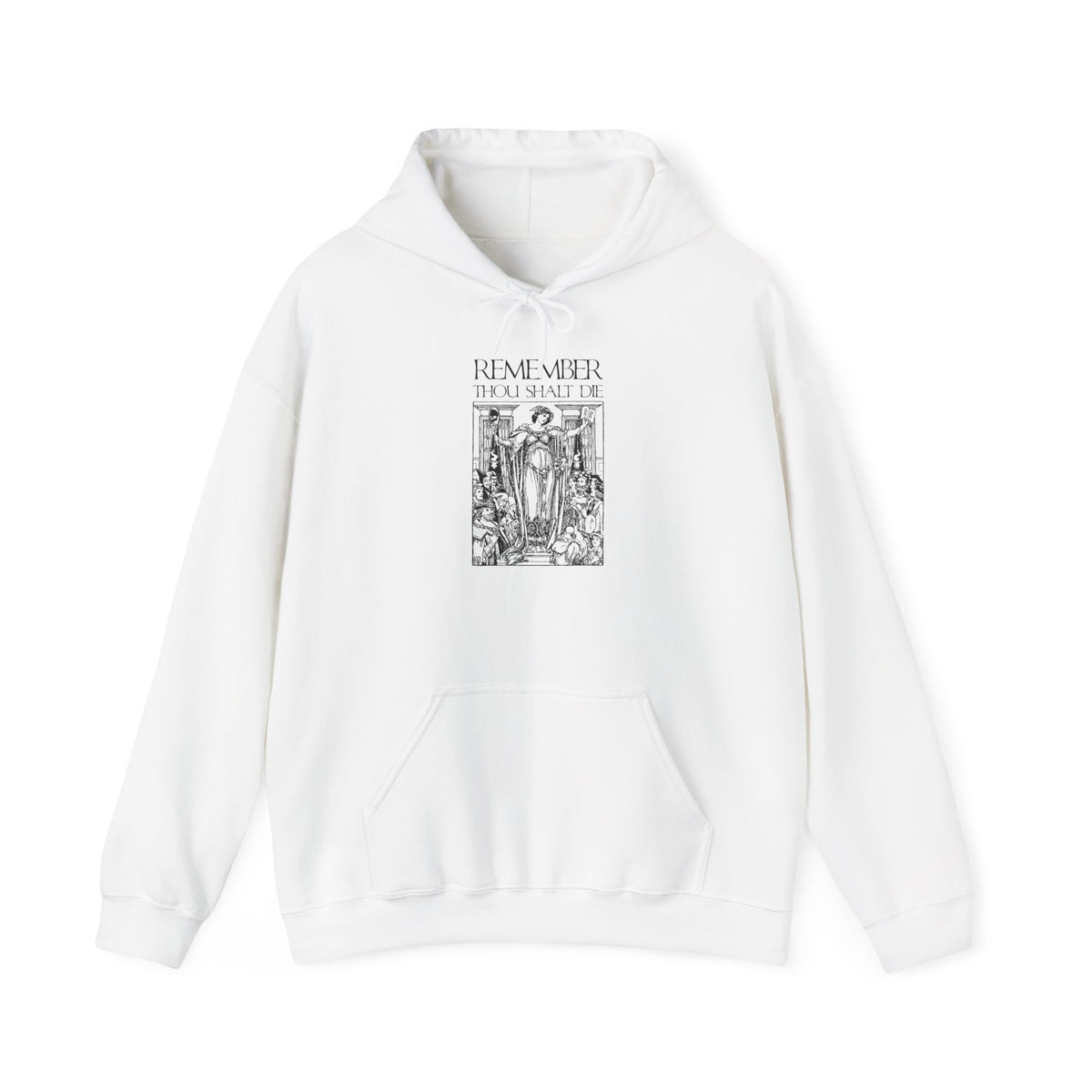 White hoodie with front pocket, featuring classic woodcut-style black line art and the phrase “Remember You Will Die” in a Shakespearean design—a subtle Orthodox Christian memento mori inspired by St. Ephraim the Syrian.