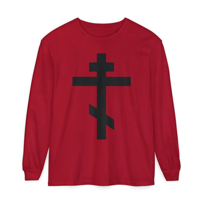 Red Orthodox long sleeve shirt with a black cross design and Galatians 6:14—“May I never boast, except in the cross of our Lord Jesus Christ.” Inspired by St John Chrysostom.
