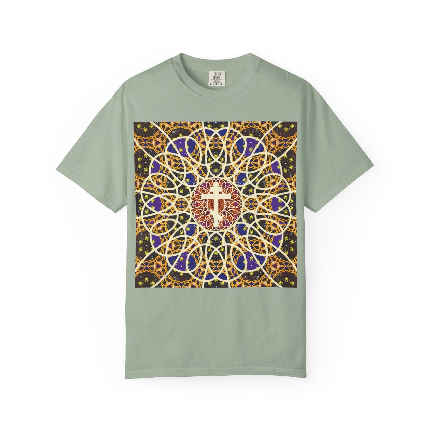 Bay-colored heavyweight cotton unisex T-shirt featuring a colorful, ornate Medieval Cosmology rose window design with an Orthodox Cross at the center on the front, inspired by the symbolism of the robe of incorruption from Tone 6 Sunday Matins. Adorned with the phrase: “Let all the earth venerate the Cross.”.