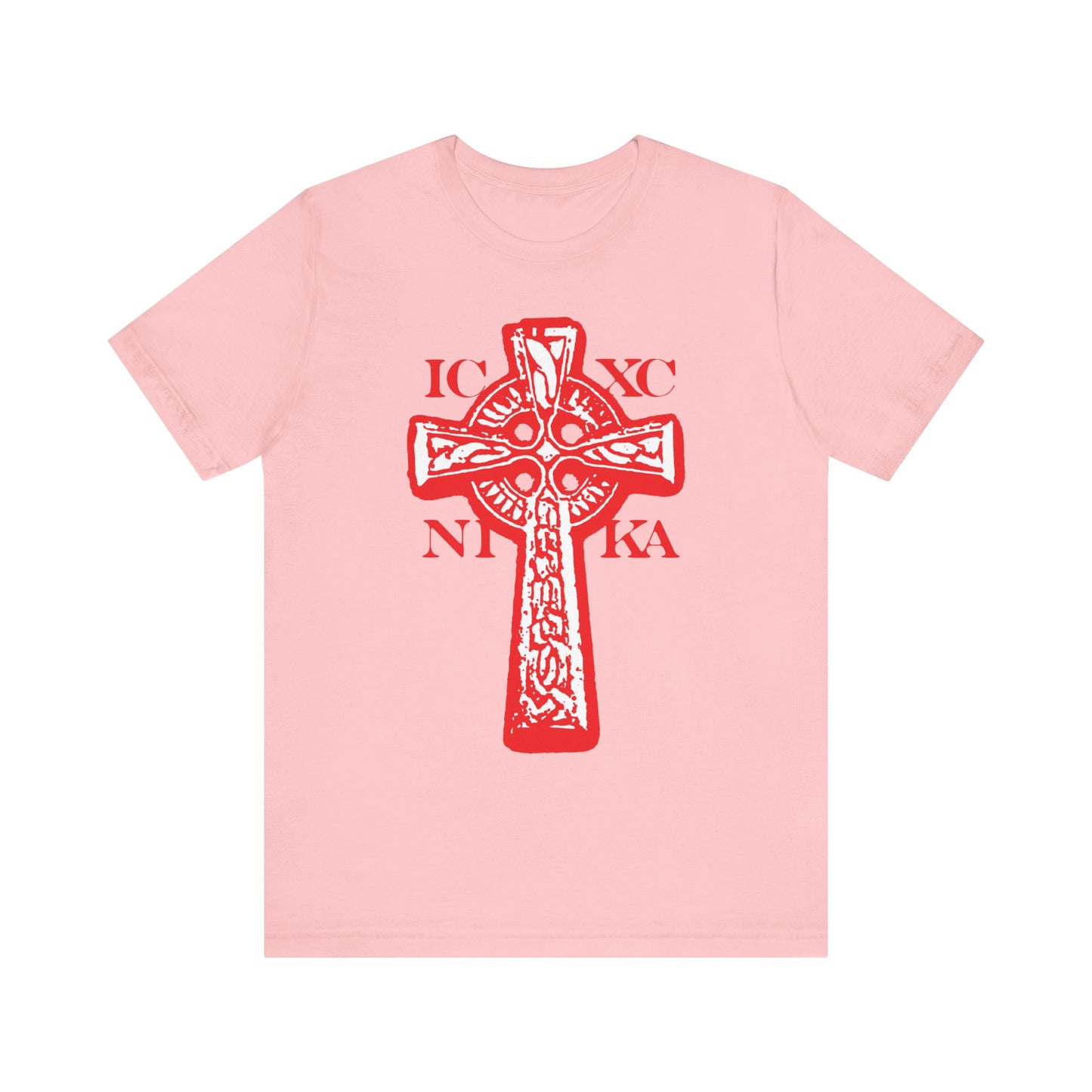 Pink ICXC NIKA Celtic Knotwork Cross lightweight cotton unisex T-shirt featuring a striking black and white cross with intricate knotwork design on a red background, adorned with the Greek letters IC XC NIKA ("Jesus Christ Conquers") on the front, symbolizing the power of the Crucified.