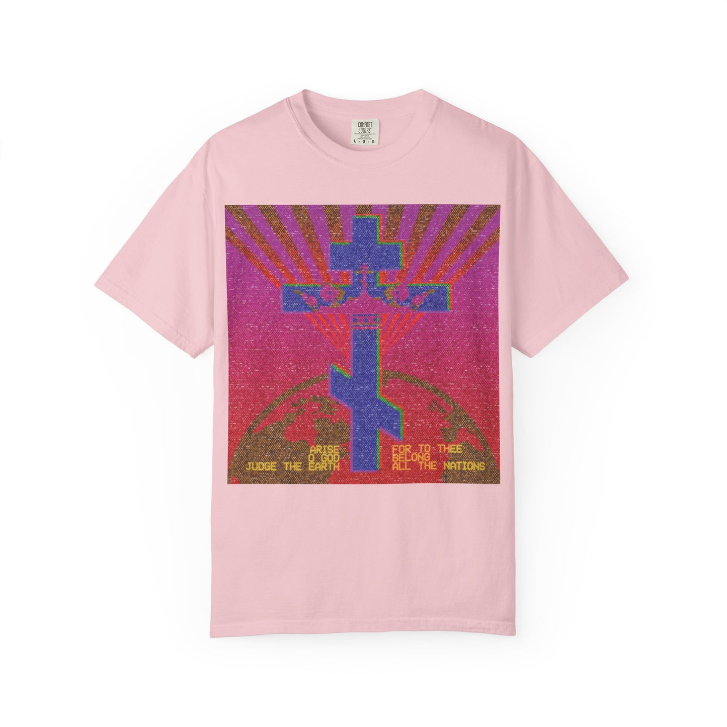 Blossom-colored heavyweight cotton unisex t-shirt featuring an 80s retro VCR/computer monitor pixel design inspired by the Orthodox Christian theme “Arise, O God, Judge the Earth (Psalm 81).”.