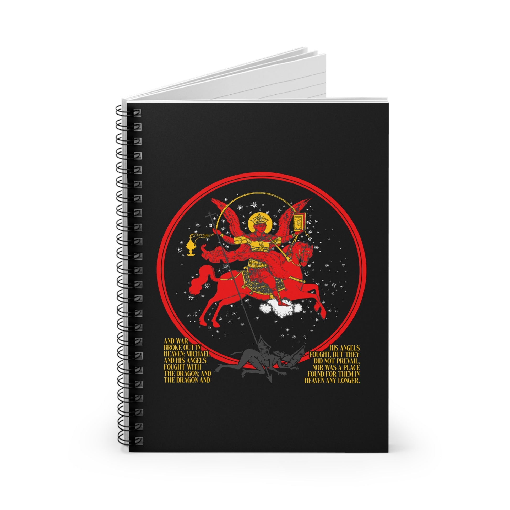 The "Archangel Michael of the Apocalypse Icono-Graphic" spiral notebook features Michael slaying a dragon, gold halo, and text below—evoking Revelation 12:7-9's War in Heaven from this striking Orthodox Christian cover design.
