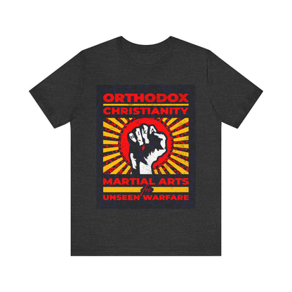 Orthodox Christianity: Martial Arts for Unseen Warfare | NIKA Jesus Fist on Colorful Sunburst Design | Orthodox Christian T-Shirt