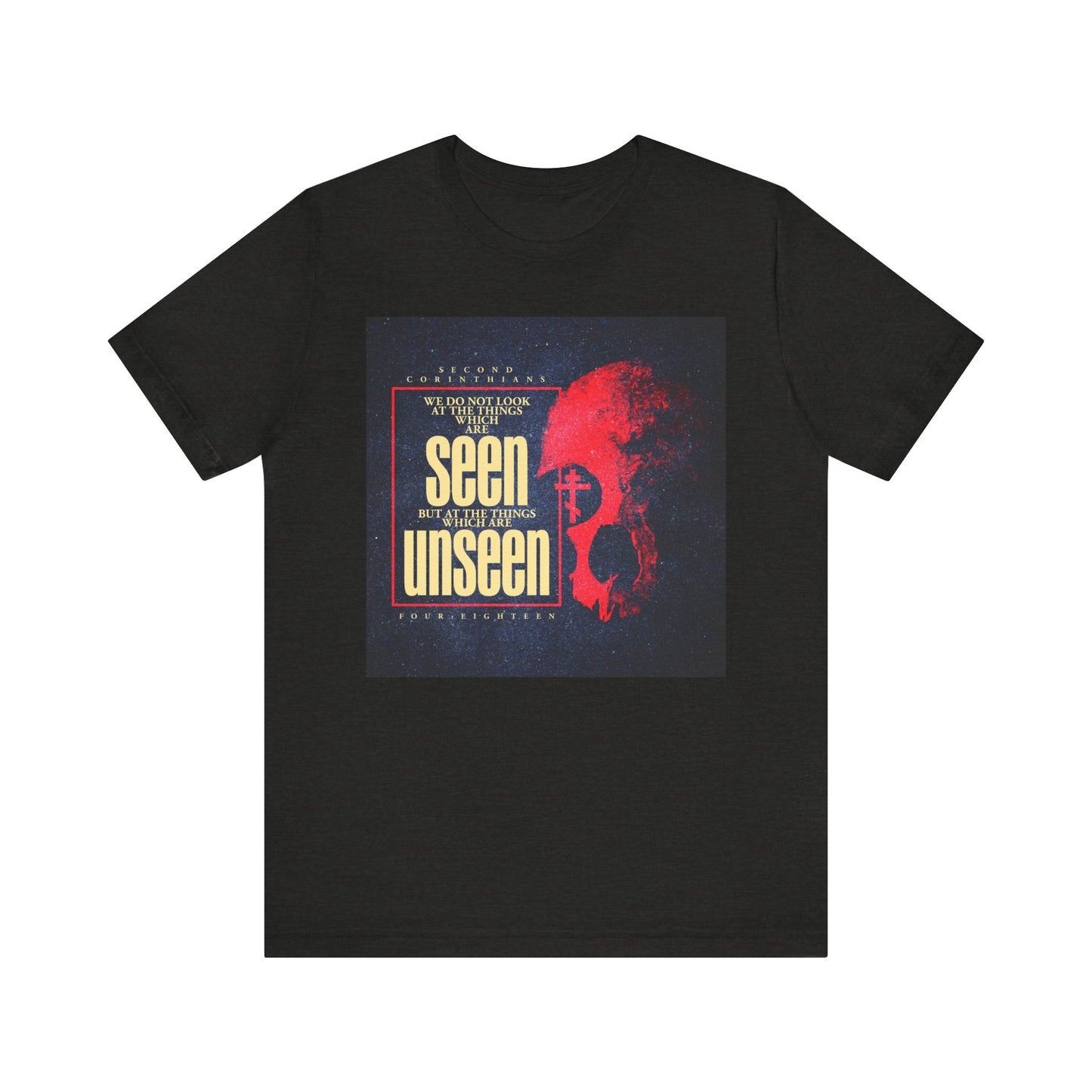 We Do Not Look At the Things Which Are Seen (St. Paul) tee in Black Heather, featuring a bold red skull and Orthodox cross with the message "Seen but still unseen" in striking yellow and white, inspired by 2 Corinthians and the enduring hope of the inward man—crafted from lightweight cotton in a textured unisex design.