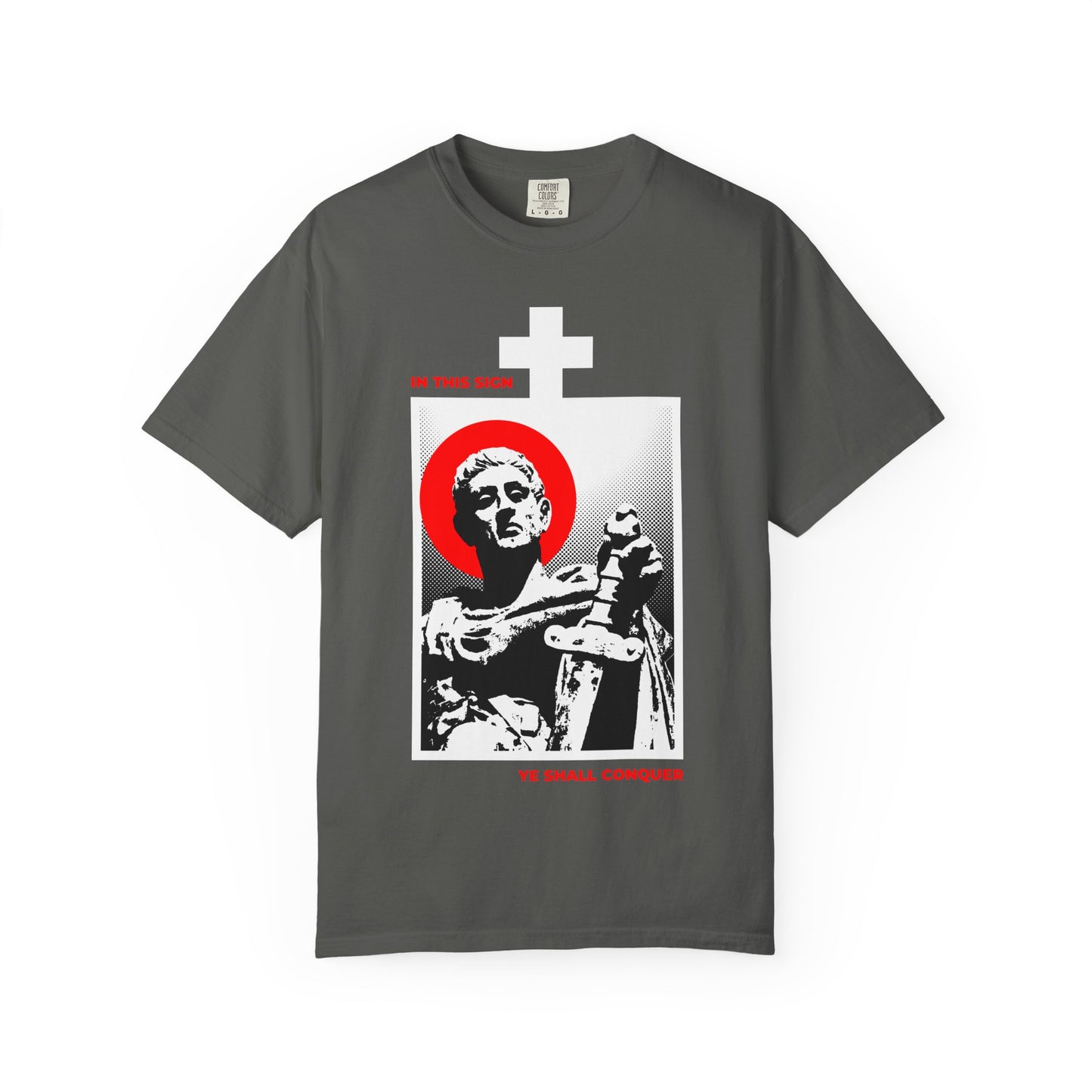 Pepper heavyweight cotton unisex T-shirt featuring a statue of St Constantine the Great with sword, red halo, white cross, and red "IN THIS SIGN YE SHALL CONQUER" text.