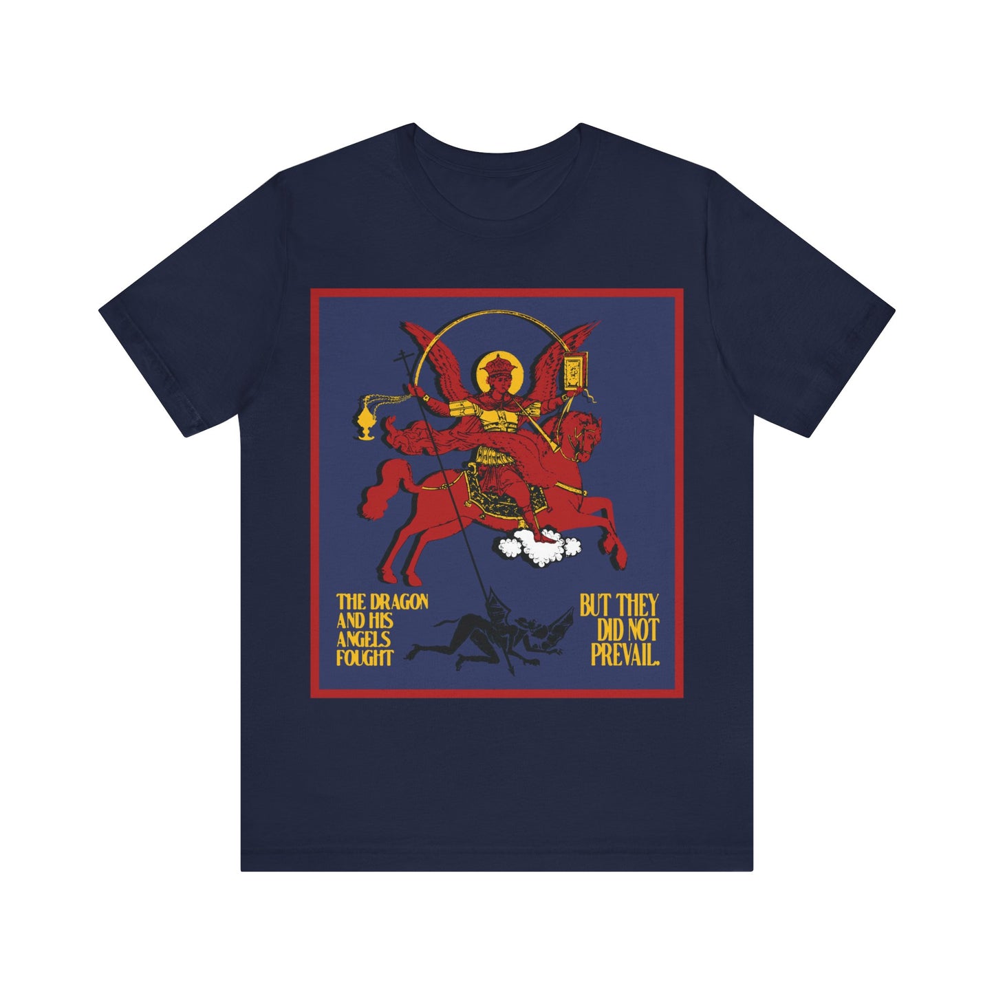 Archangel Michael of the Apocalypse IconoGraphic (Revelation 12:7-8) | Red Angel and Horse on Blue Background | Orthodox Christian T-Shirt