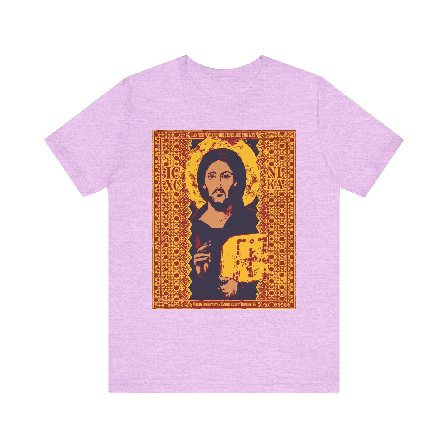 Heather Prism Lilac unisex tee featuring the "Jesus Christ Sinai Pantocrator IconoGraphic | ICXC NIKA." This lightweight cotton shirt showcases a stylized Byzantine icon of Jesus Christ holding a book, accented with ornate gold designs. Inspired by John 14:6 ("I am the Way"), this Orthodox statement piece beautifully merges faith and art.