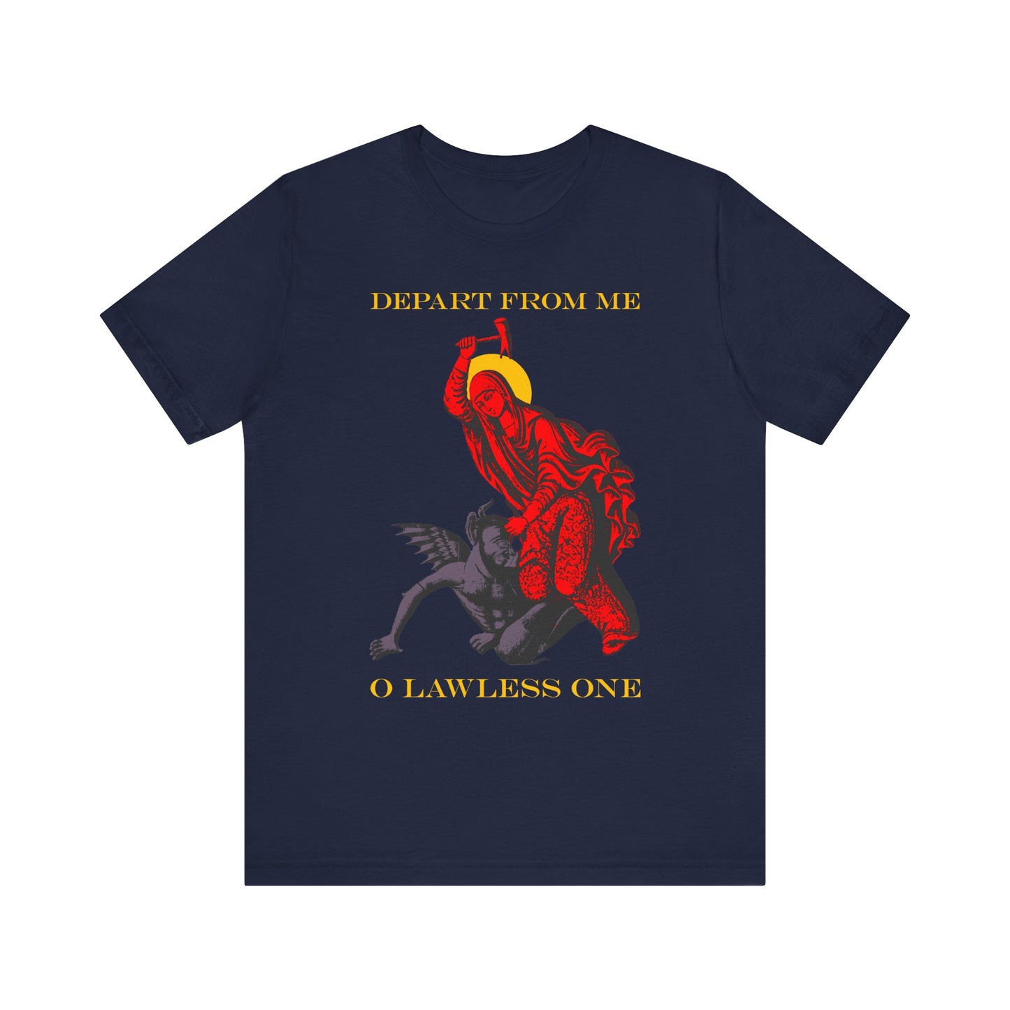 Navy lightweight cotton tee featuring St. Marina beating the devil with a hammer and "DEPART FROM ME O LAWLESS ONE" text. Inspired by Margaret of Antioch. Unisex fit.