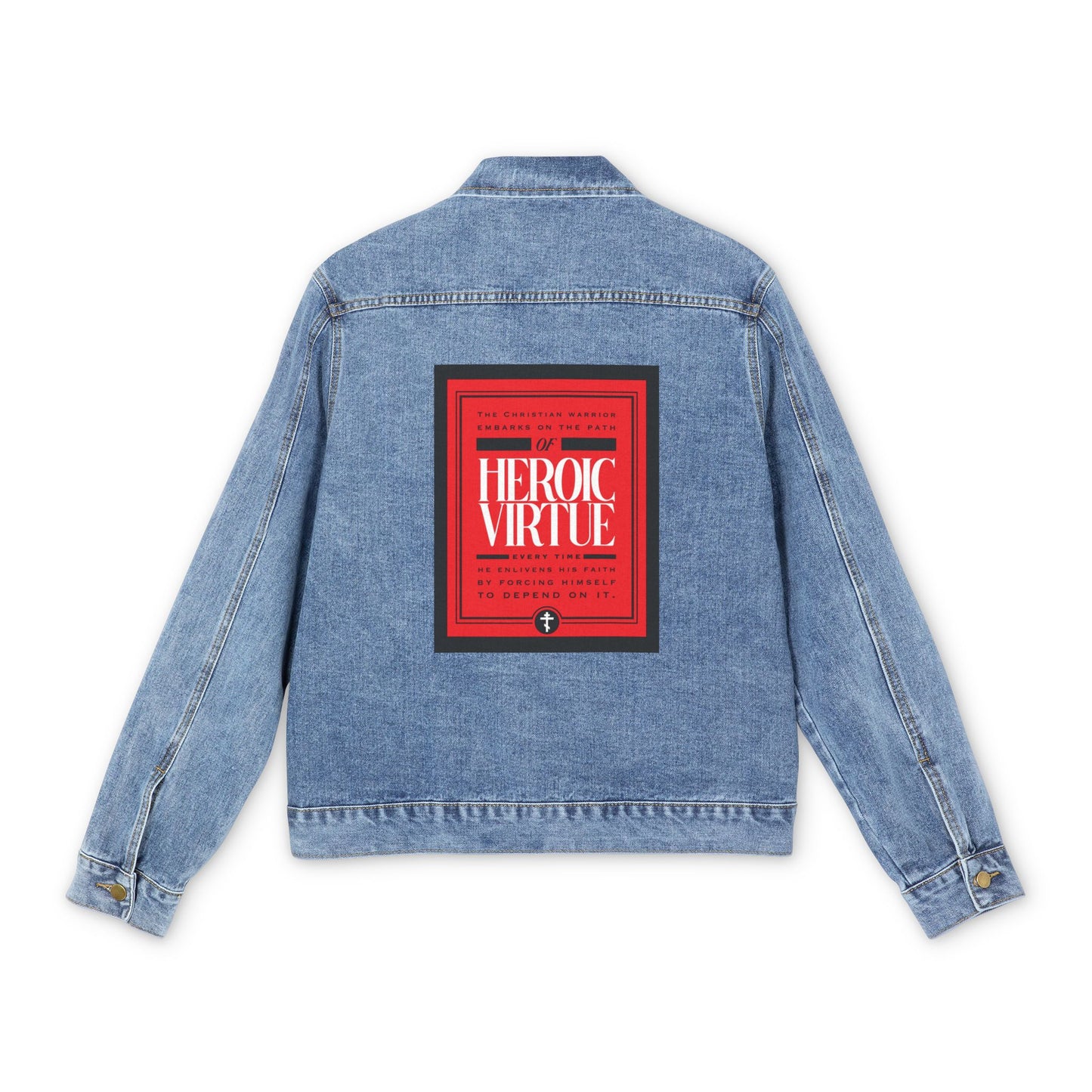 Medium denim wash jean jacket with "Path of Heroic Virtue" graphic on the back, inspired by Christian warrior ethos and Philippians 4:13—a bold faith statement for any believer.