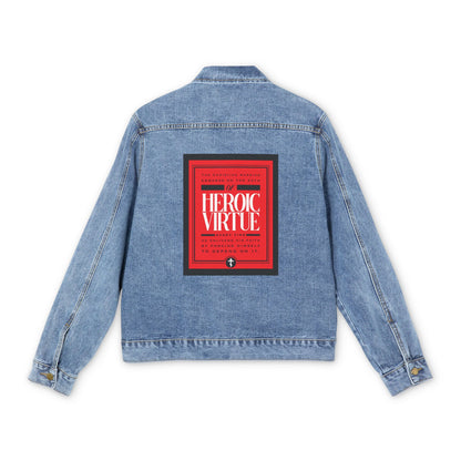 Medium denim wash jean jacket with "Path of Heroic Virtue" graphic on the back, inspired by Christian warrior ethos and Philippians 4:13—a bold faith statement for any believer.