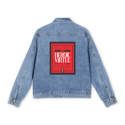 Medium denim wash jean jacket with "Path of Heroic Virtue" graphic on the back, inspired by Christian warrior ethos and Philippians 4:13—a bold faith statement for any believer.