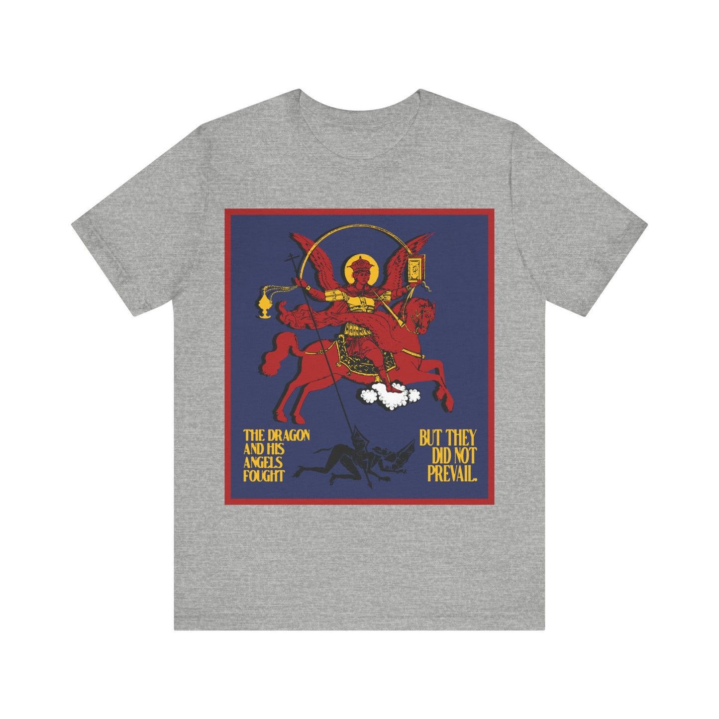 Archangel Michael of the Apocalypse IconoGraphic (Revelation 12:7-8) | Red Angel and Horse on Blue Background | Orthodox Christian T-Shirt