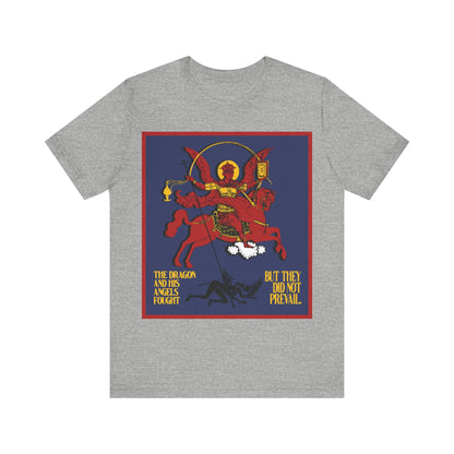 Archangel Michael of the Apocalypse IconoGraphic (Revelation 12:7-8) | Red Angel and Horse on Blue Background | Orthodox Christian T-Shirt