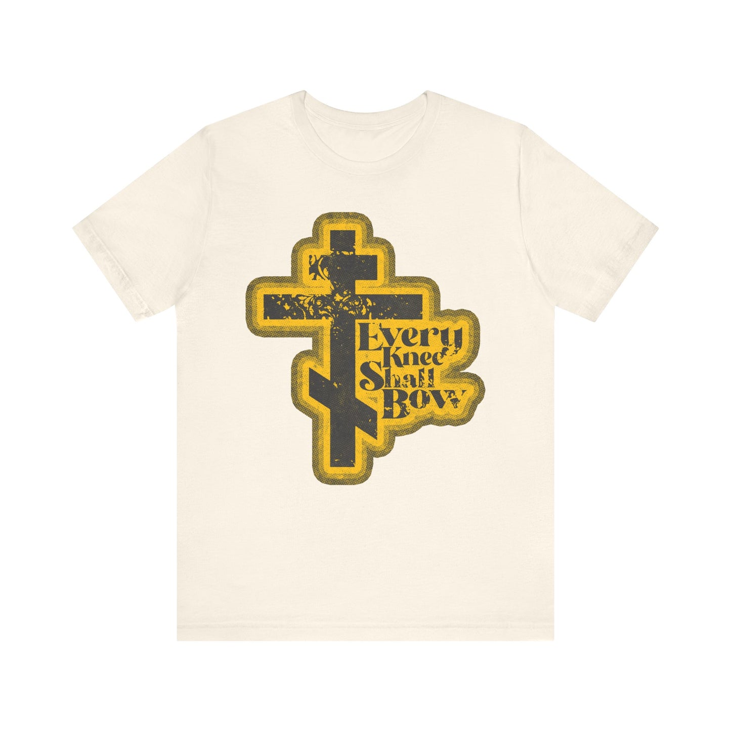 Natural cotton unisex tee featuring a 70s distressed halftone cross design and “Every Knee Shall Bow,” inspired by Philippians 2:10-11 and Isaiah 45:23. Lightweight and comfortable comic book aesthetic.