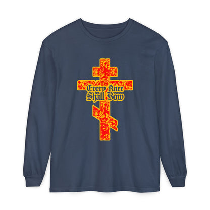 Navy long-sleeve shirt featuring a gold and red floral texture Orthodox cross with Gothic lettering, "Every Knee Shall Bow," and Isaiah 45:22-24 & Phil 2:7-11 references on the front.