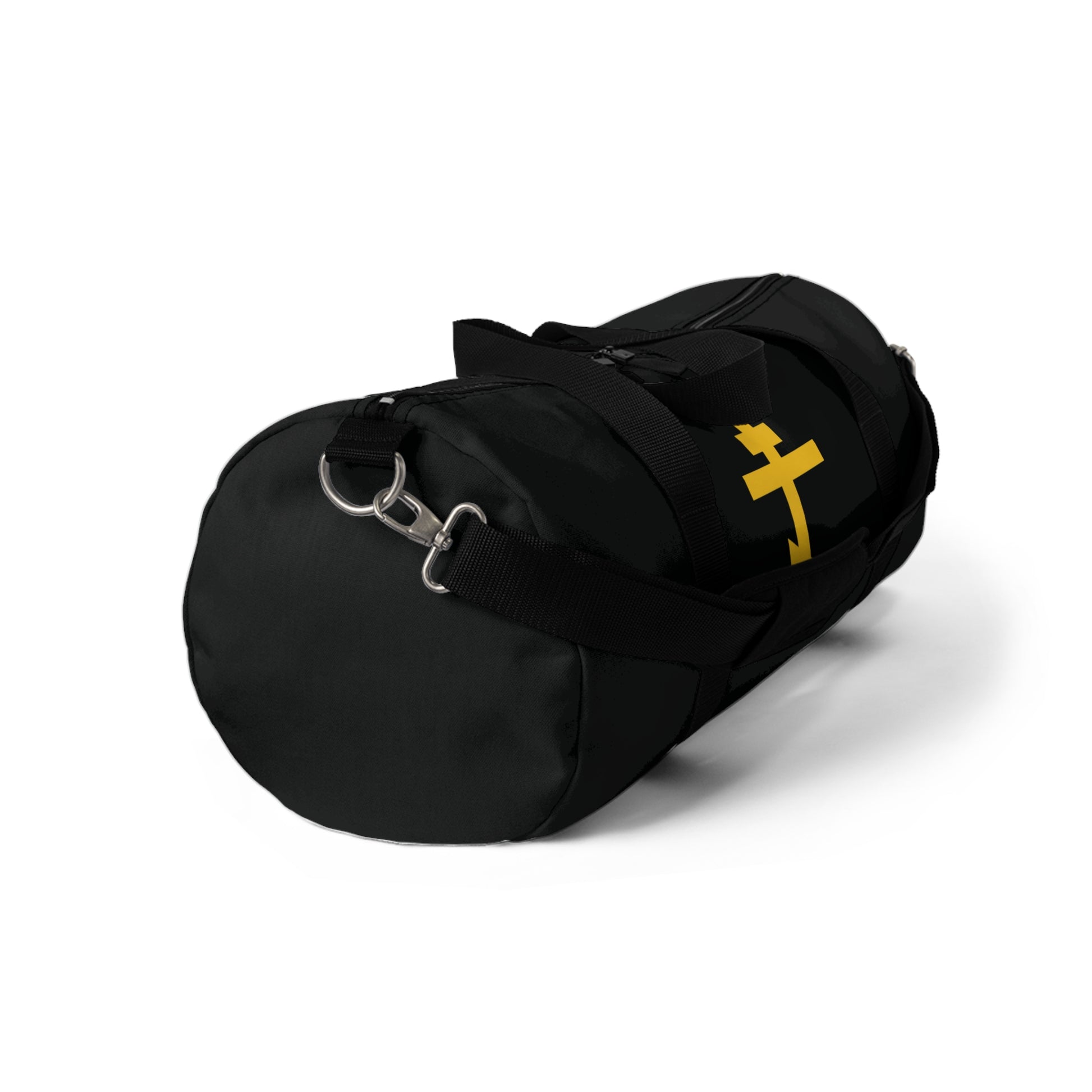 Black gym duffel bag featuring a yellow Orthodox cross on a black background, inspired by Galatians 2:20—"crucified with Christ." Precious and life-giving weapon of unseen warfare for Orthodox Christians. Shown on white.