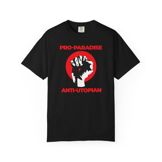 Black Pro-Paradise Anti-Utopian T-shirt featuring a NIKA fist and Jesus Christ Crucified design, with “Resist the Dominant Secular Paradigm” message. Heavyweight cotton, unisex fit.