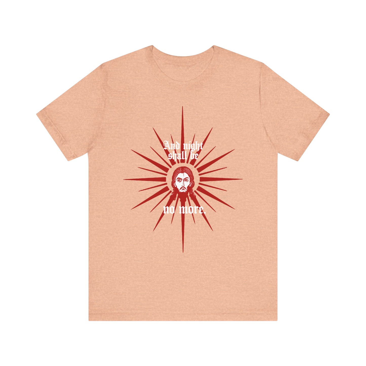 Heather Peach unisex cotton tee featuring a red & white Jesus Christ face icon, sunburst motif, and the text “And night shall be no more.” Inspired by Revelation 22:5 and the promise of everlasting light.