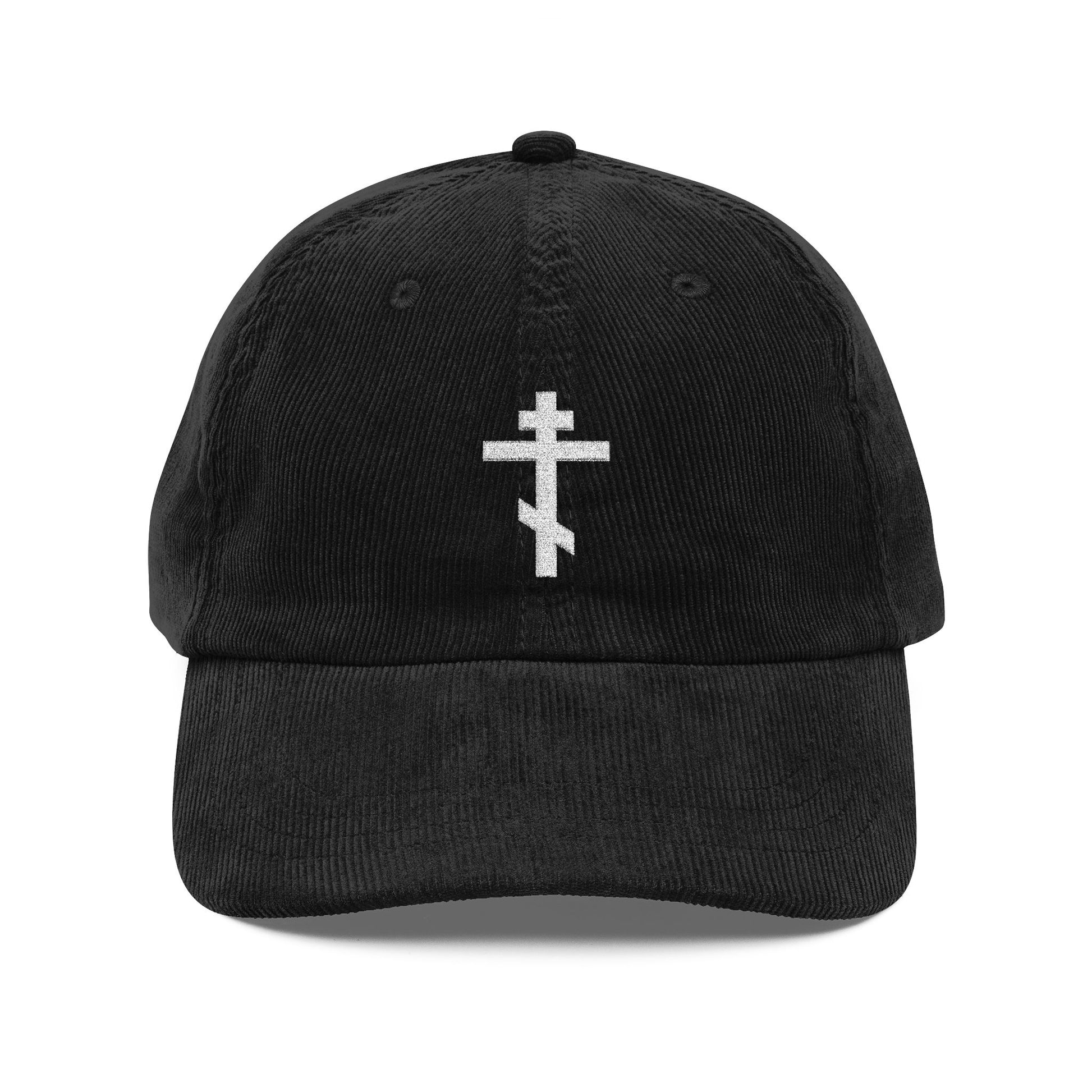 Black cotton corduroy cap with white embroidered Orthodox TriBar Cross, symbolizing the weapon of unseen warfare that makes demons tremble.
