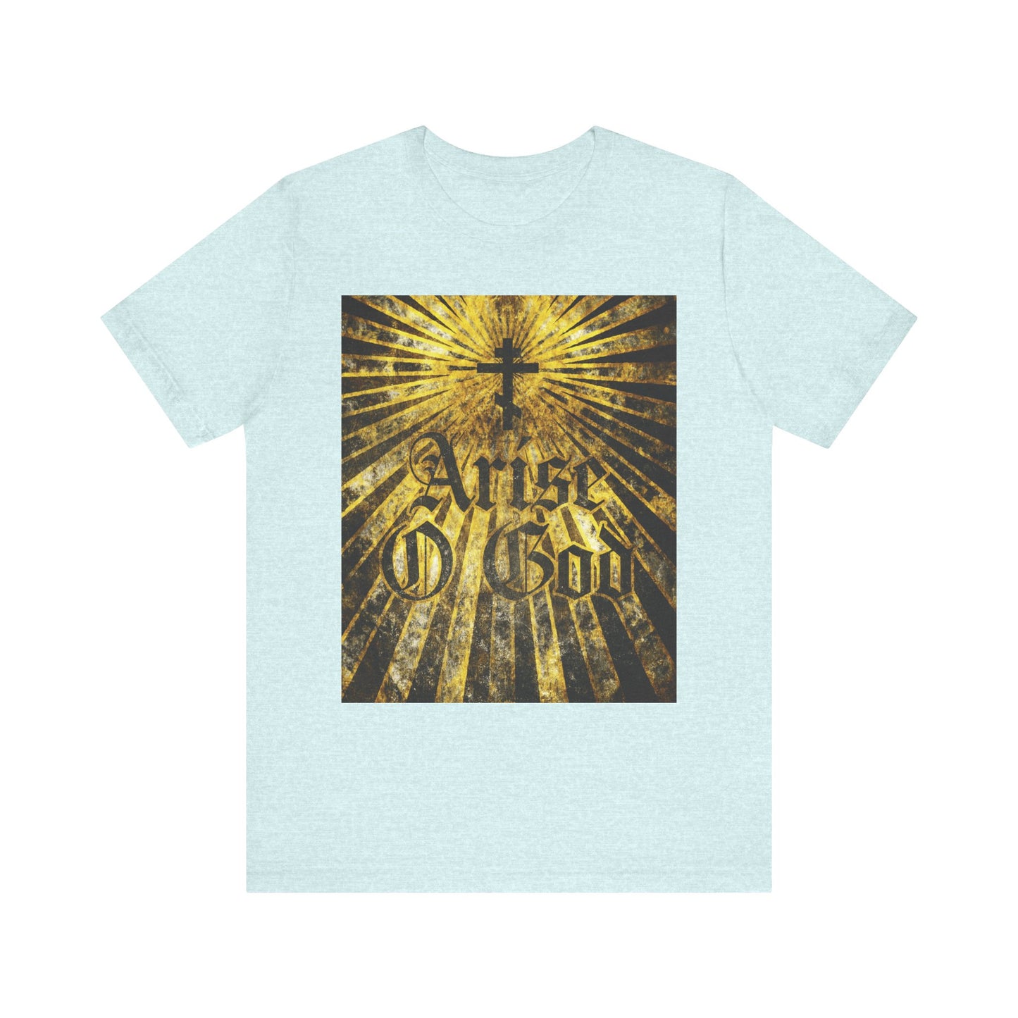 Heather Prism Ice Blue unisex t-shirt featuring a textured Gothic "Arise O God" text from Psalm 81 (82 LXX), Orthodox cross, and golden rays—lightweight cotton inspired by the Divine Council theme.
