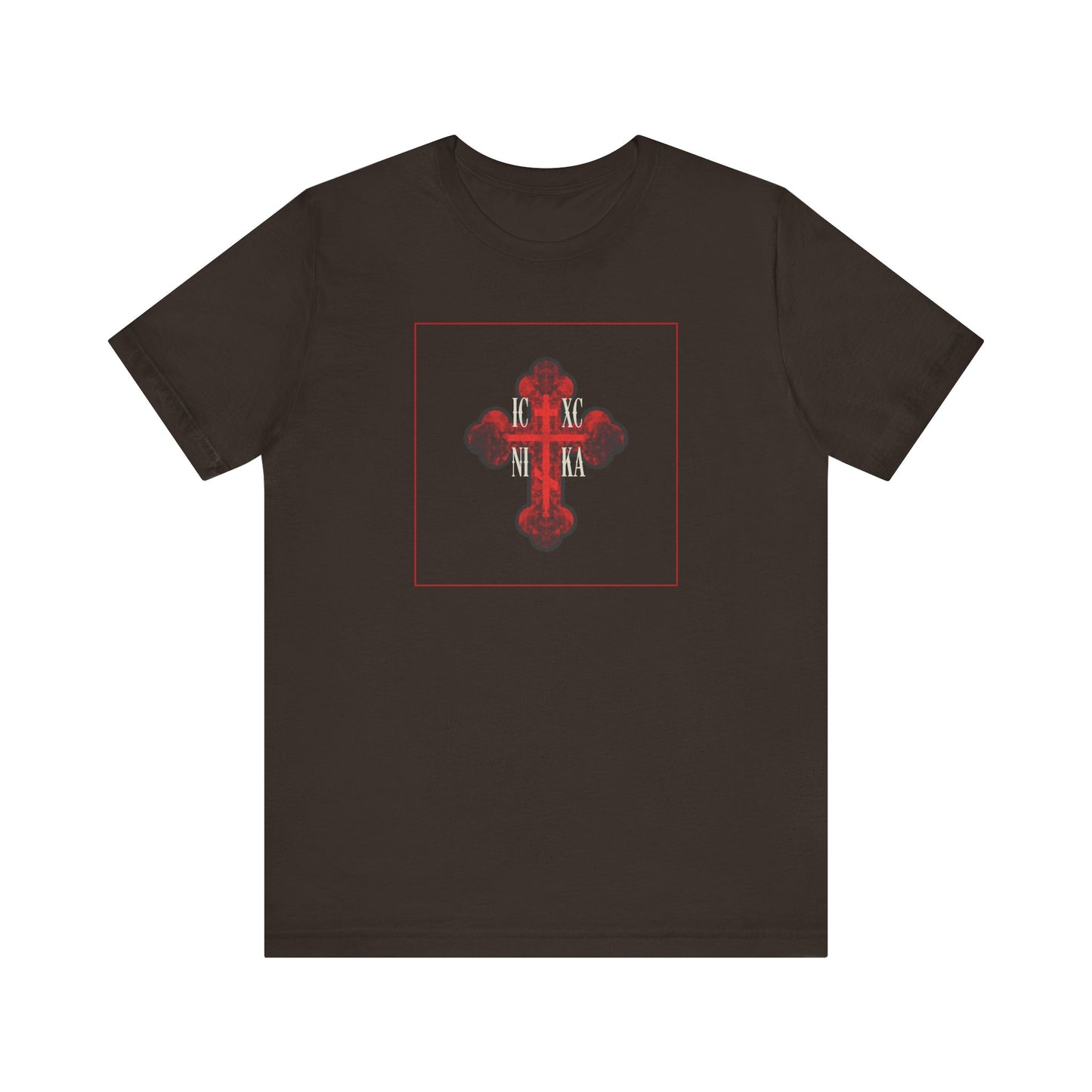 Brown unisex tee featuring a red glowing ornate textured Orthodox Cross with Greek letters ICXC NIKA, symbolizing salvation and victory; made from lightweight cotton.