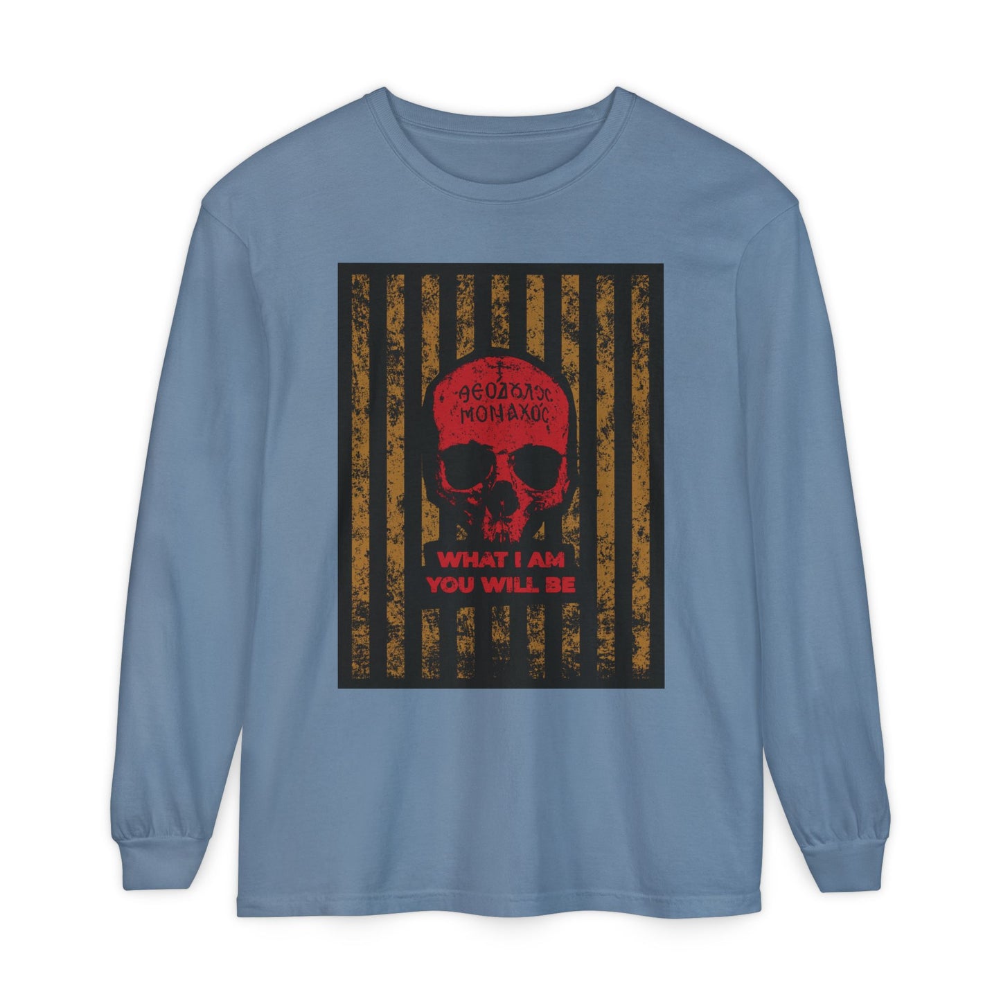 Blue Jean long sleeve cotton shirt featuring a red skull with gold stripes and the text "WHAT I AM YOU WILL BE"—inspired by St. Ignatius Brianchaninov’s teachings on Memento Mori and remembrance of death, embodying ascetic ethos.