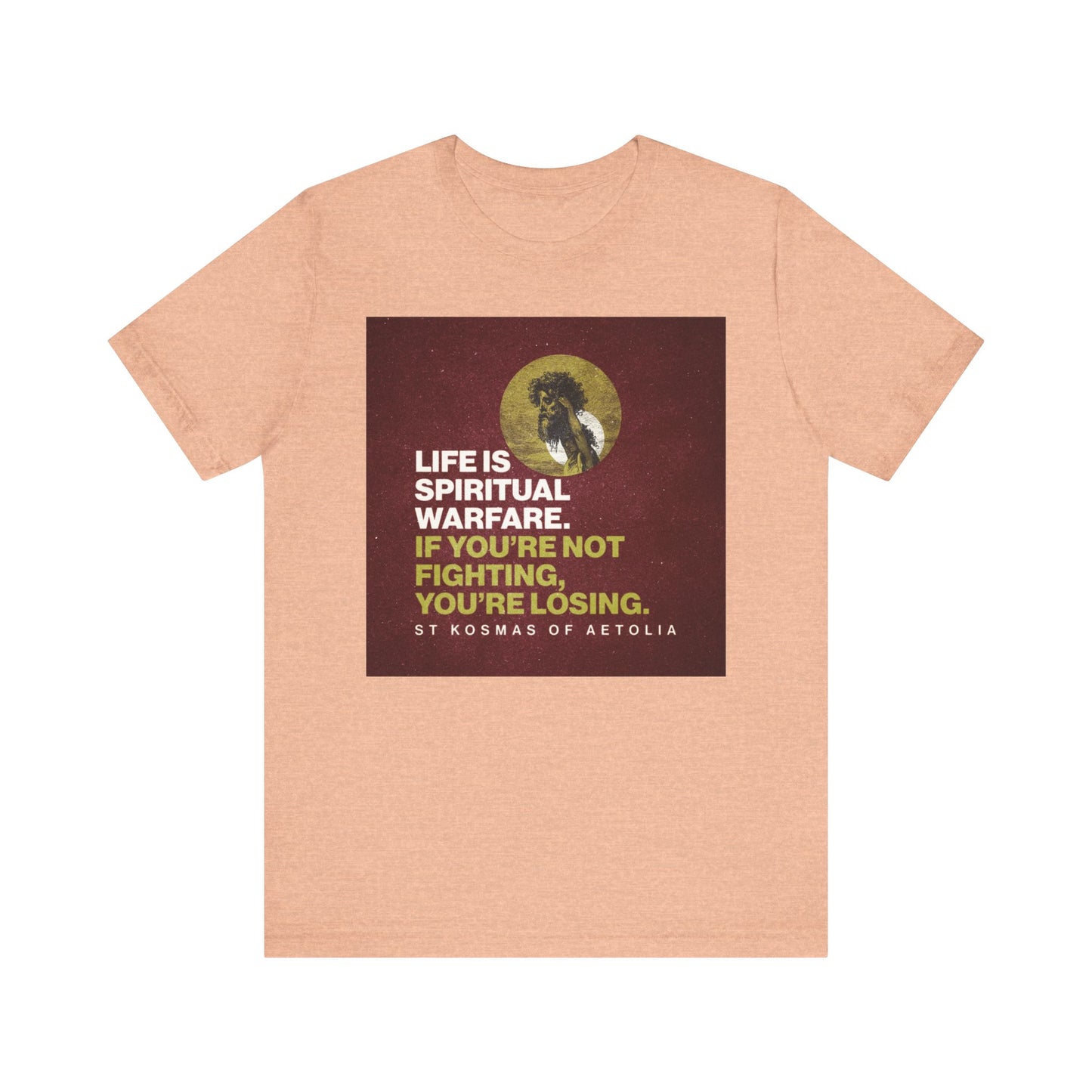 Stay inspired with our Heather Peach "Life is Spiritual Warfare. If You're Not Fighting, You're Losing" lightweight cotton unisex tee, featuring a powerful quote and David Slaying Goliath artwork—an Orthodox Christian reminder inspired by St. Kosmas of Aetolia.