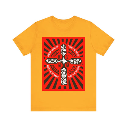 Red ICXC NIKA Enniskillen Celtic Cross | Lorica of St. Patrick | Shield Prayer | Orthodox Christian Cotton T-Shirt