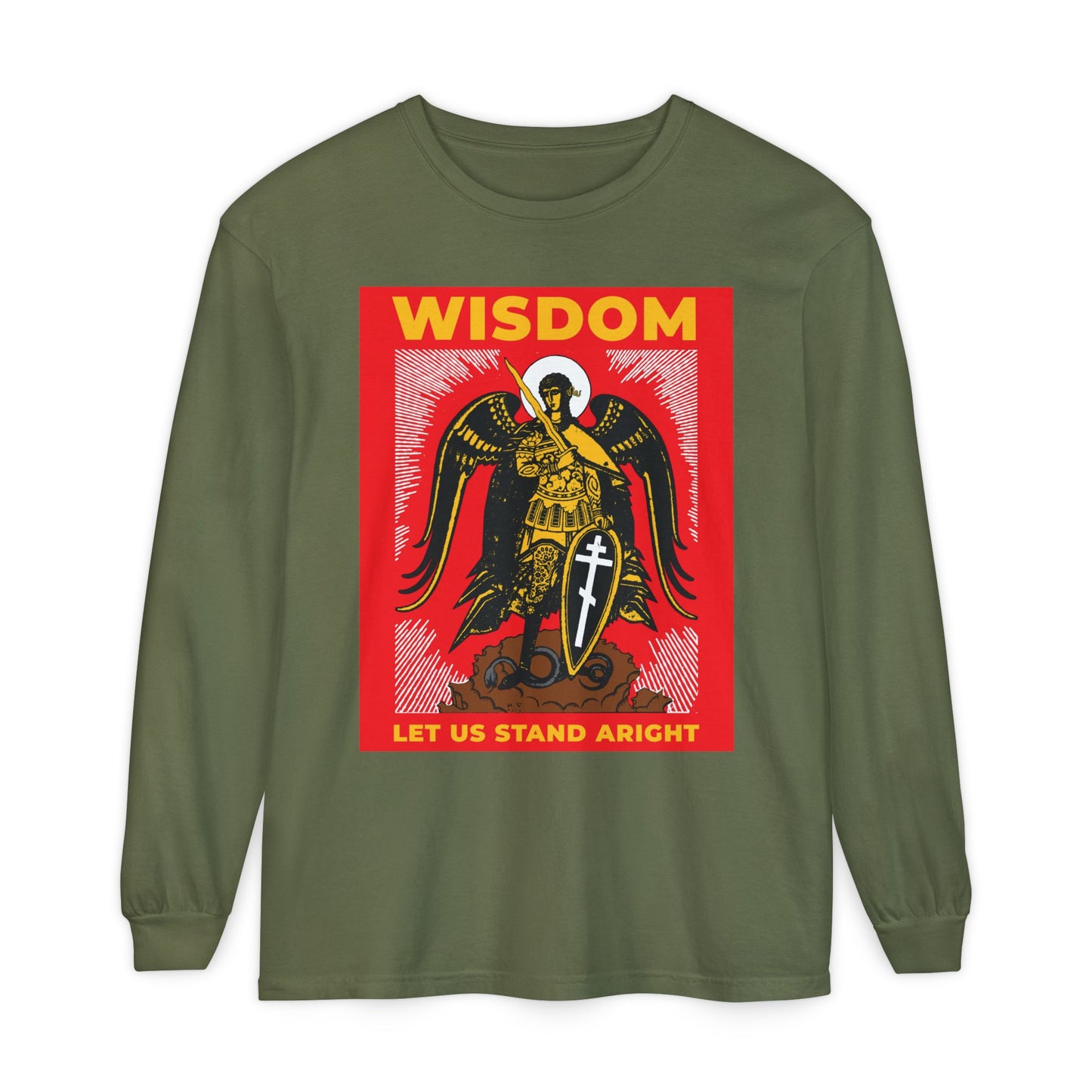 Hemp long-sleeve cotton shirt with Russian illustration of Archangel Michael, sword & shield, inspired by Revelation 12. Text: "WISDOM Let Us Stand Aright." Orthodox Christian design—"Wisdom: Let Us Stand Aright" collection.
