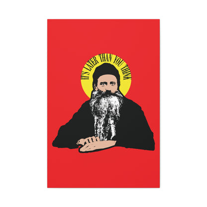 Illustration for "It's Later Than You Think" features a modern Orthodox Christian saint with a yellow halo, inspired by Fr Seraphim Rose’s quote—reminding us of life’s journey and the hereafter. Perfect Orthodox Christian wall art.