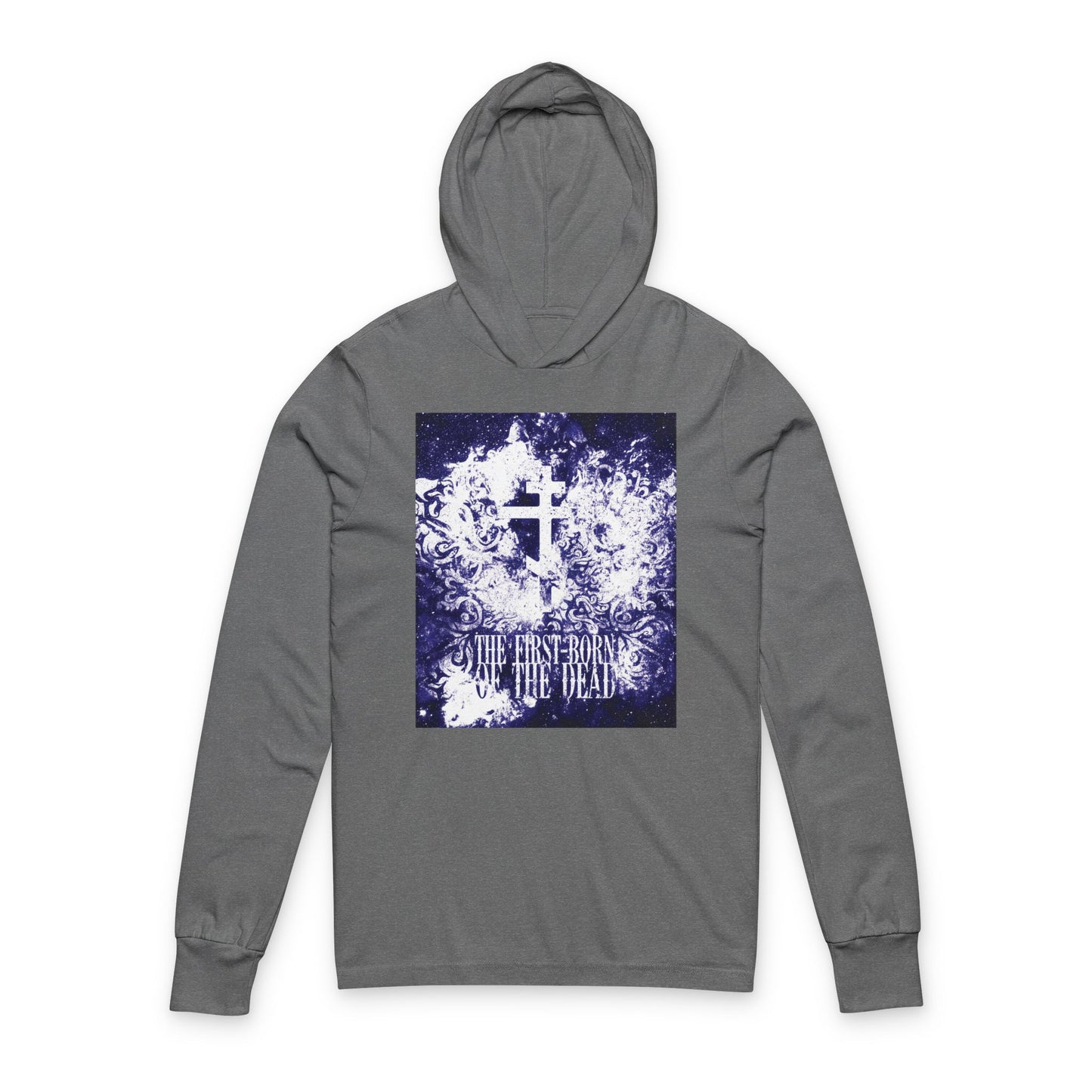 Grey TriBlend hoodie featuring a glowing white and blue textured cosmic Orthodox cross with ornate designs and the text "The First-Born of the Dead"—a striking tribute to Jesus Christ's resurrection and apocalypse.