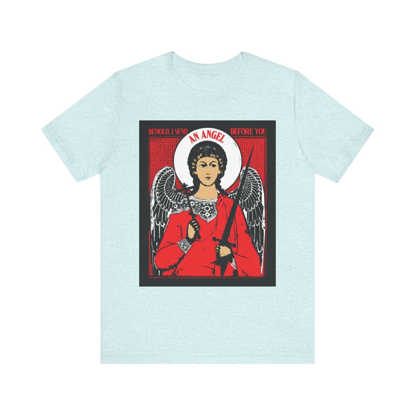 Heather Prism Ice Blue tee featuring an iconographic guardian angel with cross and sword—Orthodox-inspired design and “Behold I Send an Angel Before You” (Ex 23:20) for a stylish nod to faith and protection.