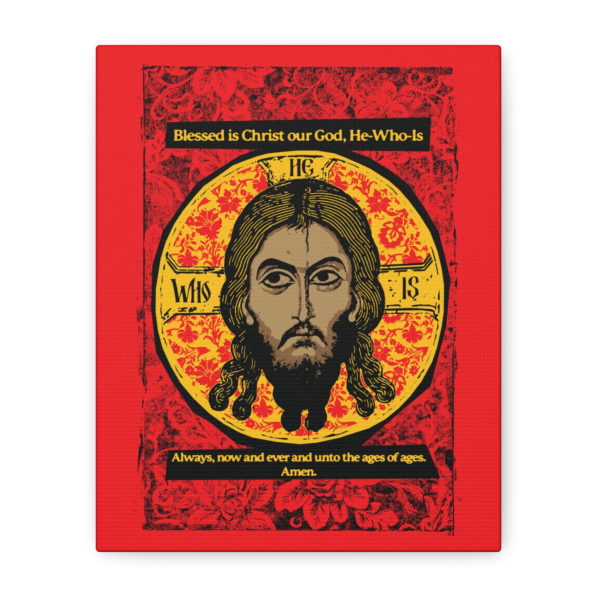 The “Made Without Hands (Mandylion/Image of Edessa)” canvas from Printify features Christ’s face on a red, black, and yellow ornate background with Troparion Tone 2 text: "Blessed is Christ our God, He-Who-Is. Always, now and ever. Amen.
