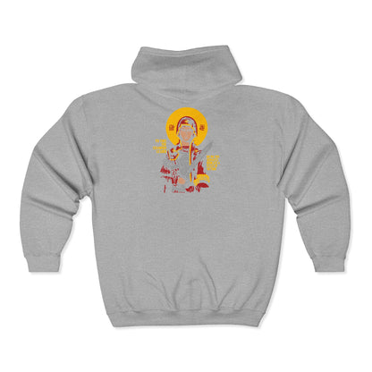 To Thee the Champion Leader | Mother of God | Theotokos with Sword IconoGraphic | Orthodox Zipper Hoodie (Back Design)