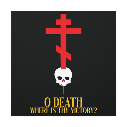 O Death Where is Thy Victory? (1 Corinthians 15:55) | Cross Stabbing Skull | Yellow Text | Orthodox Christian Canvas Art