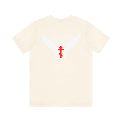 It's Later Than You Think No. 3 Split W/ Always Remember God and Your Mind Will Become Heaven No. 1 lightweight cotton unisex tee in cream, featuring white angel wings and a red cross on the front, with text on the back inspired by the way of life of Blessed Seraphim of Platina.