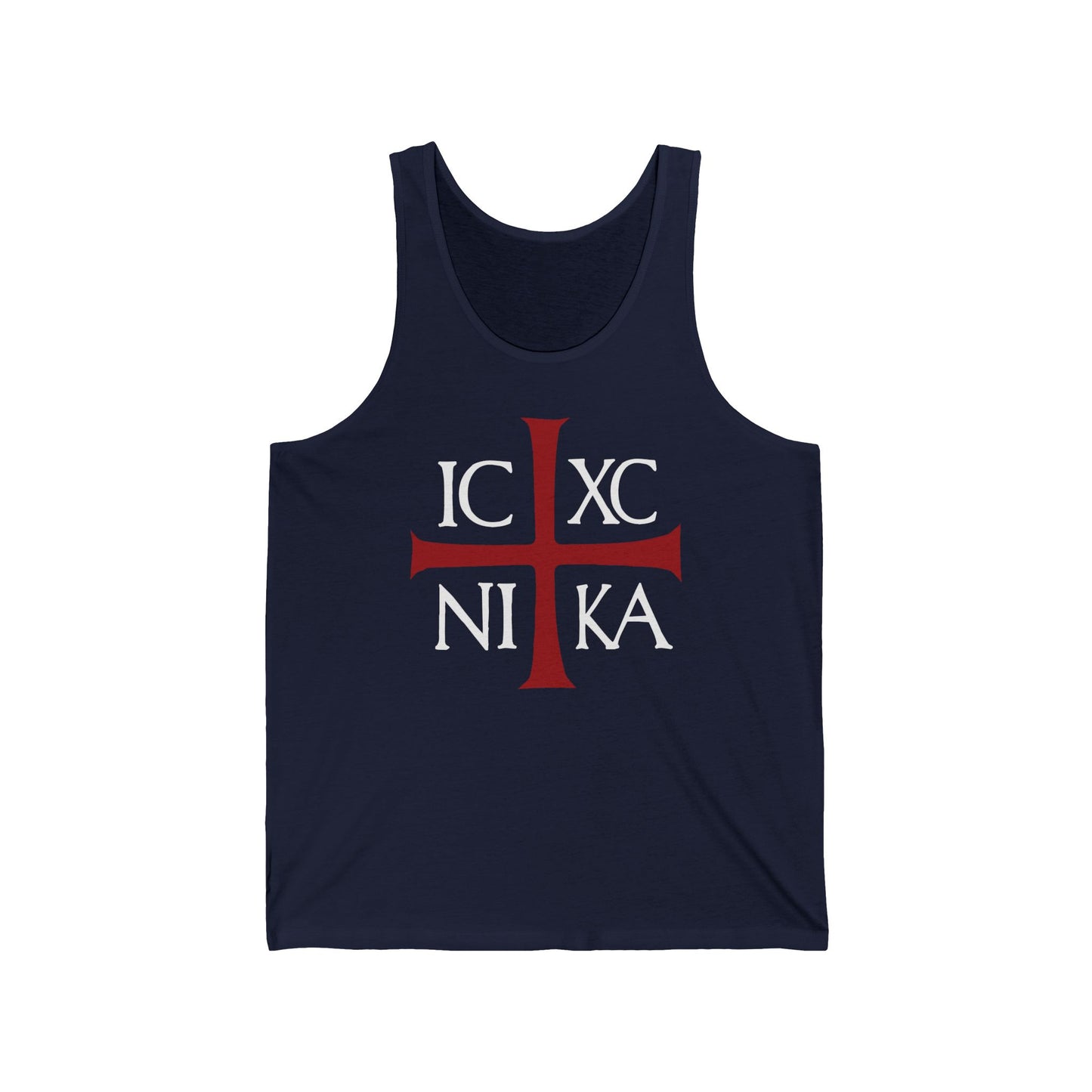 Navy ICXC NIKA Means Jesus Christ Conquers tank top with a red cross and white text in ancient Byzantine Christogram, Orthodox Christian design, reflecting the unshakable love of Christ.