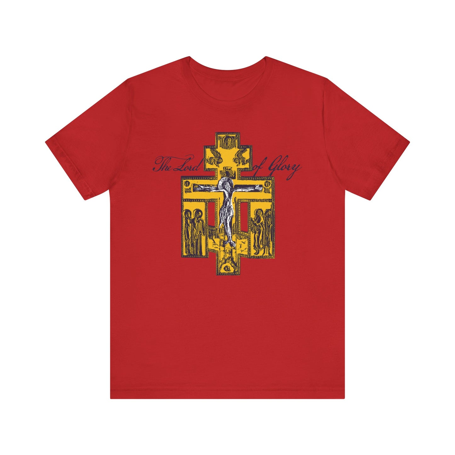 Red "The Lord of Glory" unisex lightweight cotton tee, featuring a Russian Golgotha Crucifix iconographic design with religious figures and 1 Corinthians 2:8, inspired by Orthodox Christian tradition.