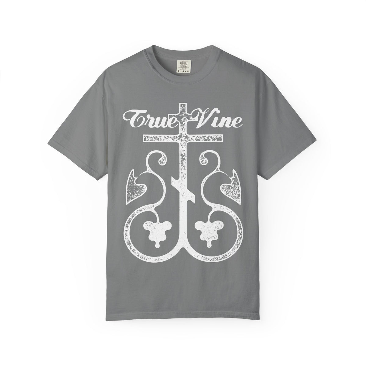 Grey heavyweight cotton unisex T-shirt named “I Am the True Vine (John 15, Ezekiel 15),” featuring a white ornate Orthodox cross with a grape vine design and photocopy effect on the front, inspired by John 15:1-2.