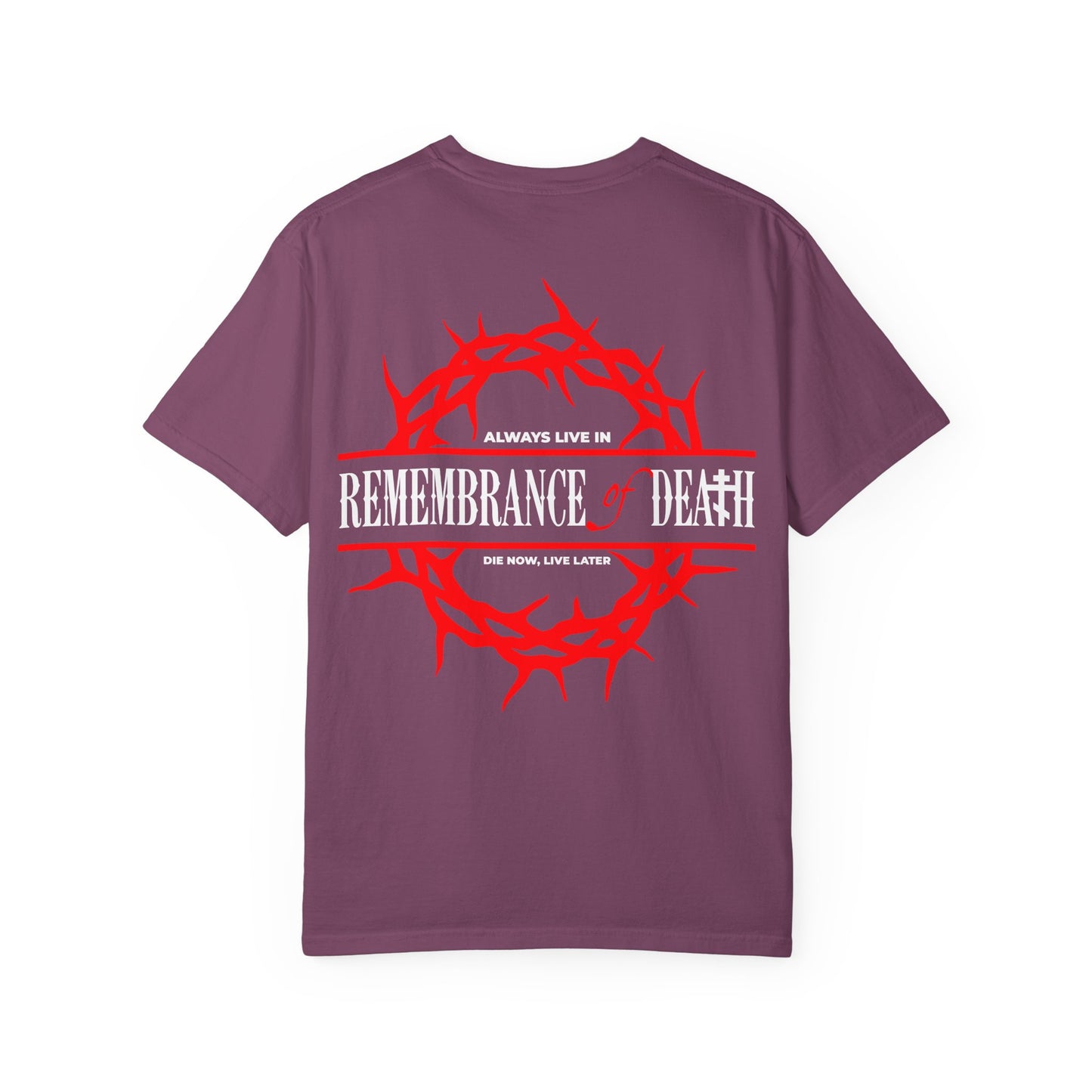Certainly! Here's a rewritten sentence using your product data: The "Always Live In Remembrance of Death Crown of Thorns" Orthodox heavyweight cotton unisex tee features a purple color with a red crown of thorns and the phrase “Remembrance of Death” in bold white text on the back, along with a red cross on the front left breast, inspired by St. John Climacus’s teachings.