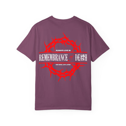 Certainly! Here's a rewritten sentence using your product data: The "Always Live In Remembrance of Death Crown of Thorns" Orthodox heavyweight cotton unisex tee features a purple color with a red crown of thorns and the phrase “Remembrance of Death” in bold white text on the back, along with a red cross on the front left breast, inspired by St. John Climacus’s teachings.