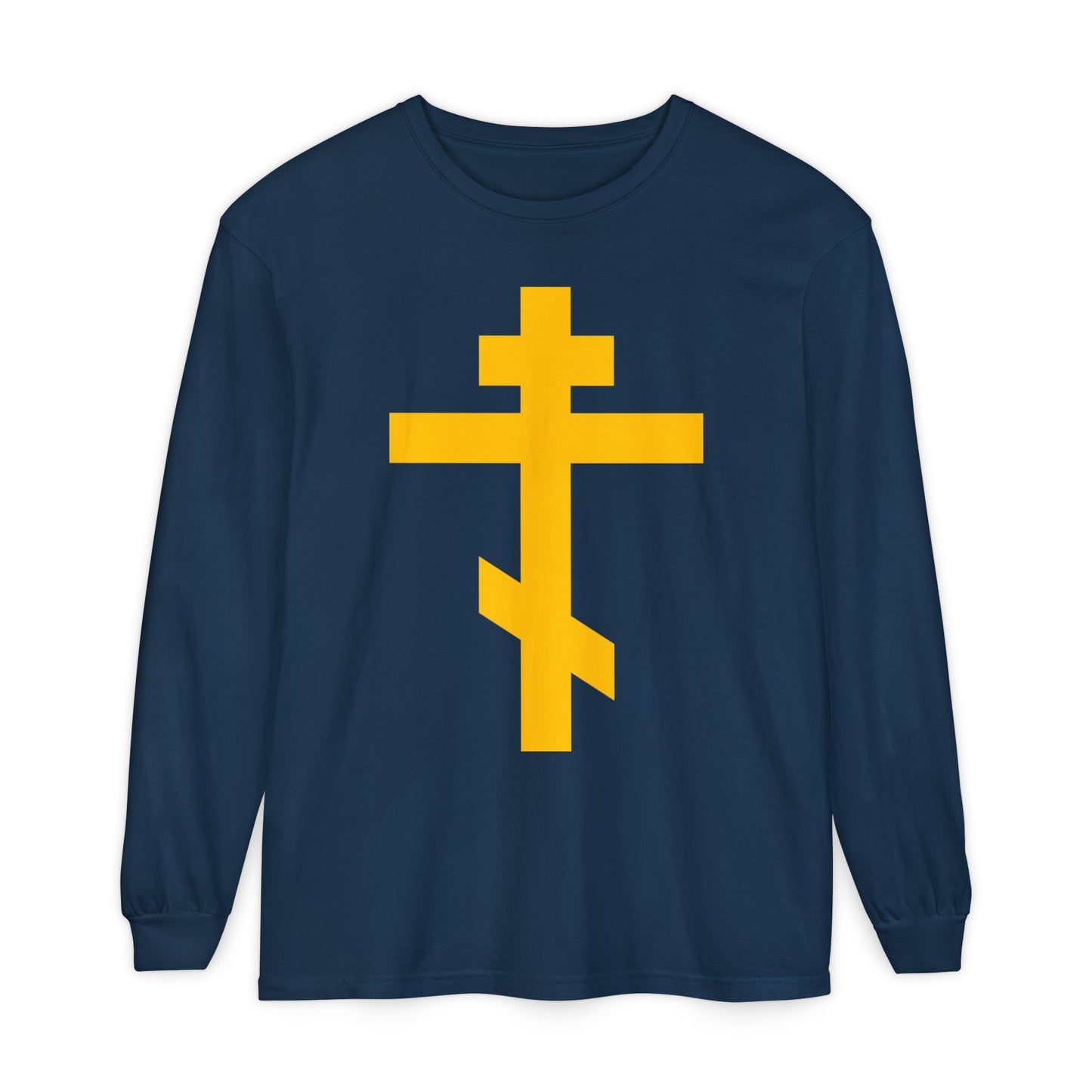 True Navy cotton long sleeve shirt featuring a large yellow Orthodox cross—Precious and Life-Giving Weapon of Unseen Warfare, Scourge of Demons. Inspired by Galatians 2:20: “crucified with Christ.”.