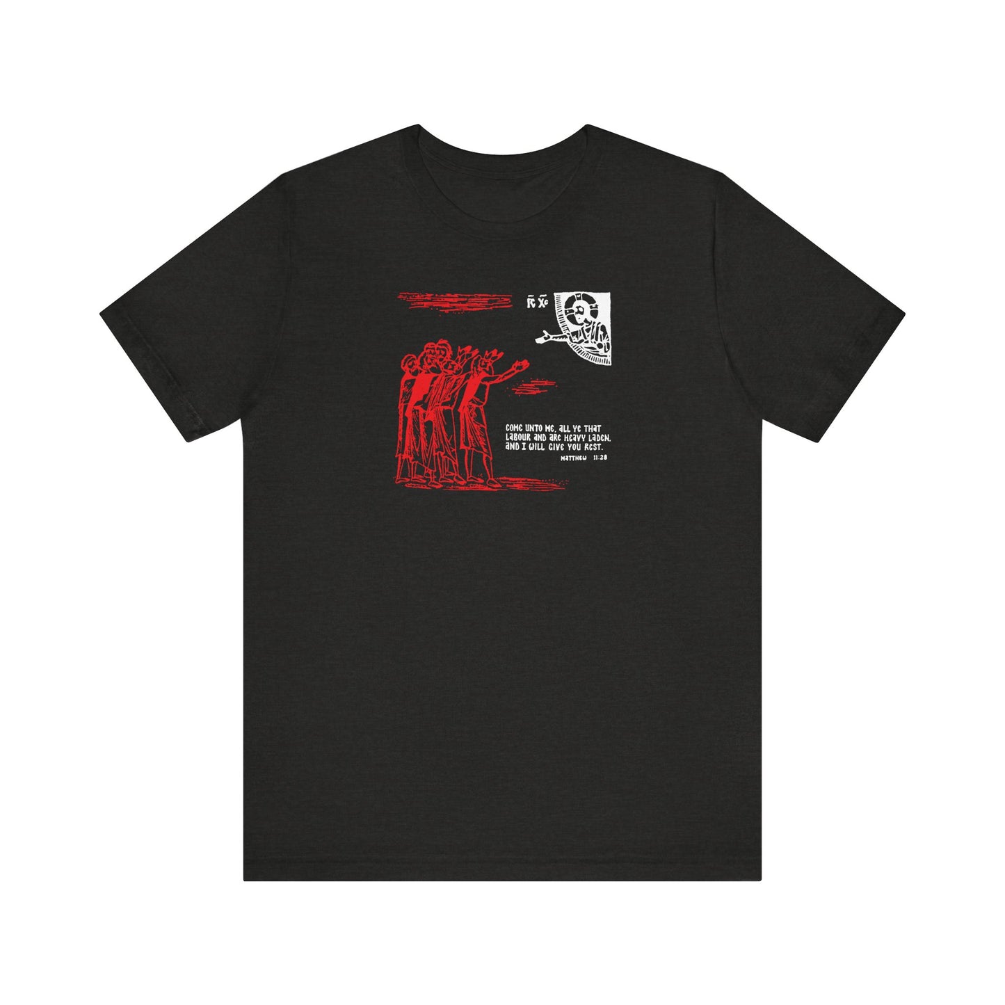Black Heather unisex tee featuring a red icono-graphic drawing inspired by Matthew 11:28, with white accents, reflecting Orthodox spirituality and lightweight cotton comfort.