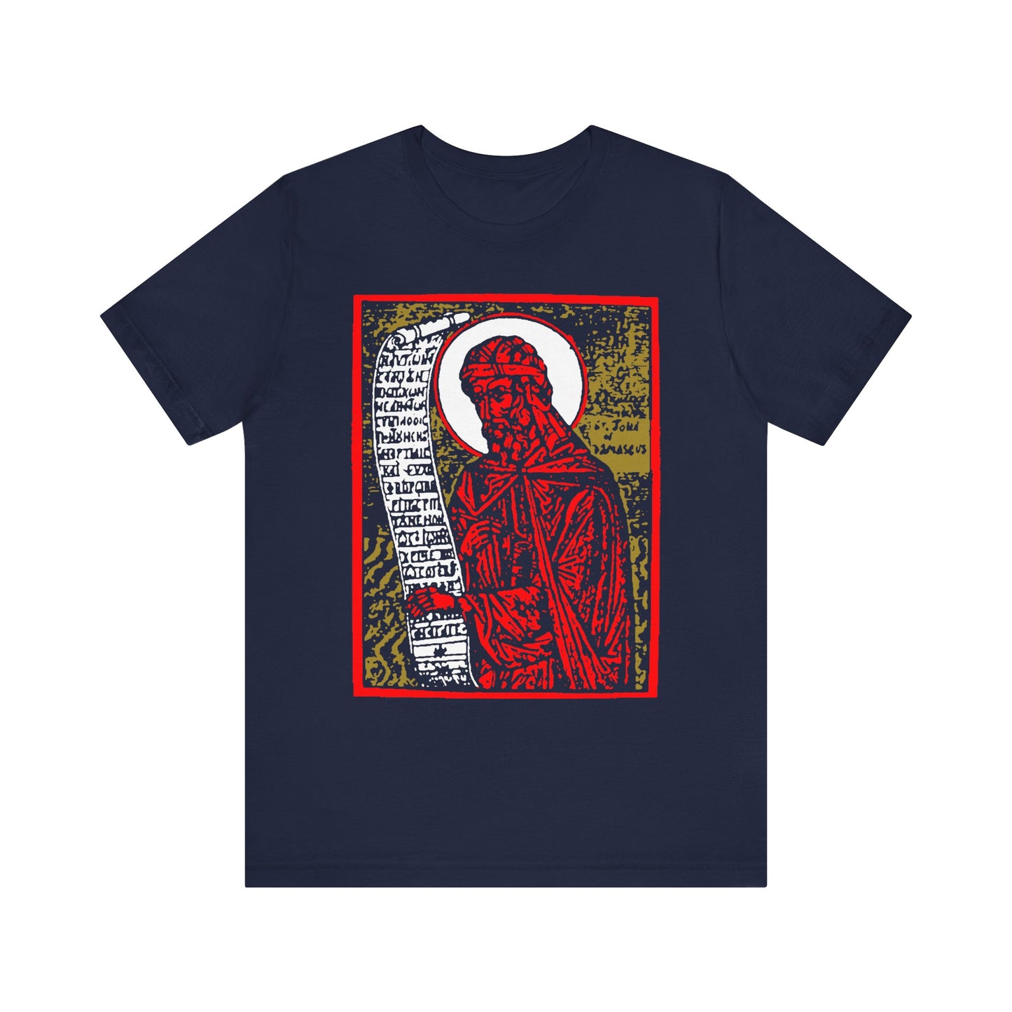 St. John of Damascus Icono-Graphic | Orthodox Christian Saint | Red Gold & Black High Contrast Design | Lightweight Cotton Unisex Tee