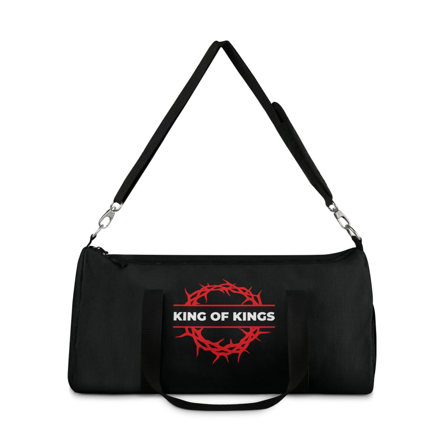 The "King of Kings Crown of Thorns" duffel bag features bold text, a red crown of thorns, and a design inspired by Revelation 19:16—Christ is King and The King of Glory—making it the perfect bold Christian gym accessory.