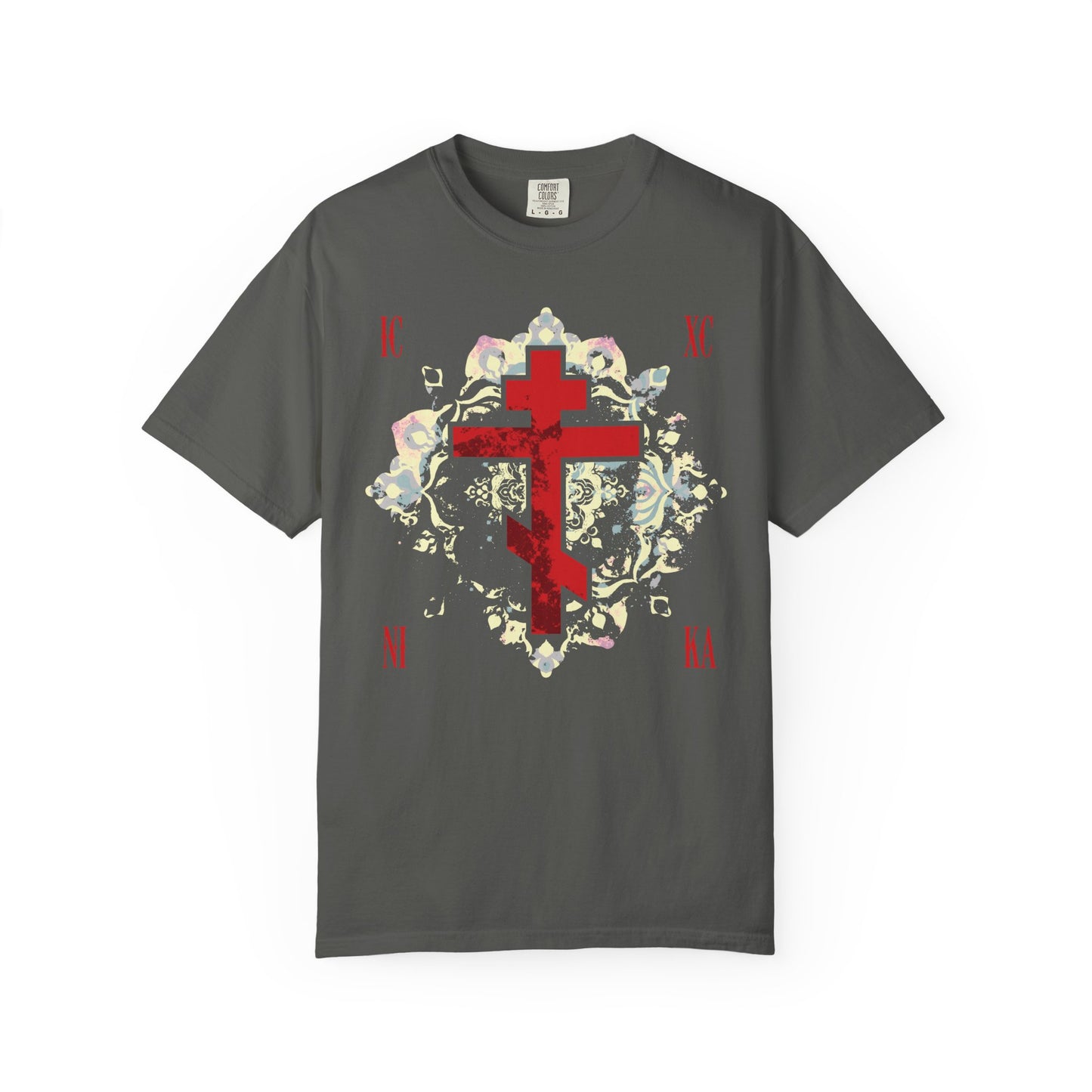 Pepper-colored heavyweight cotton tee featuring a textured red ICXC NIKA Orthodox cross with a medieval floral background, inspired by "Jesus Christ Conquers." Unisex design.