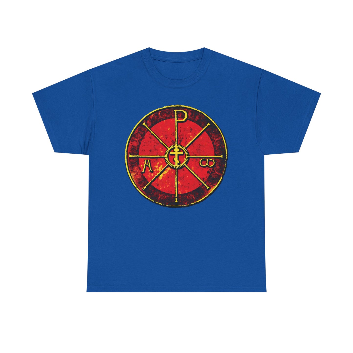 Royal t-shirt featuring the Alpha & Omega Chi Rho Orthodox Cross, an ancient Christogram inspired by Saint Ambrose’s Chrismon from Milan Cathedral. Midweight cotton; design includes Greek letters P, A, omega.