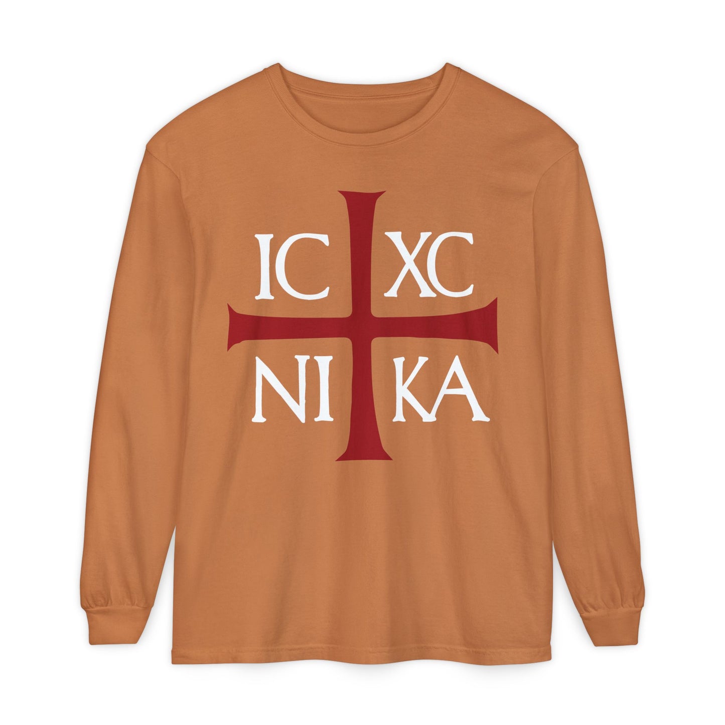 Yam-colored cotton long sleeve featuring a large red cross and white IC XC NI KA Byzantine Christogram on the front, inspired by enduring Orthodox Christian faith—ICXC NIKA means “Jesus Christ Conquers.”.