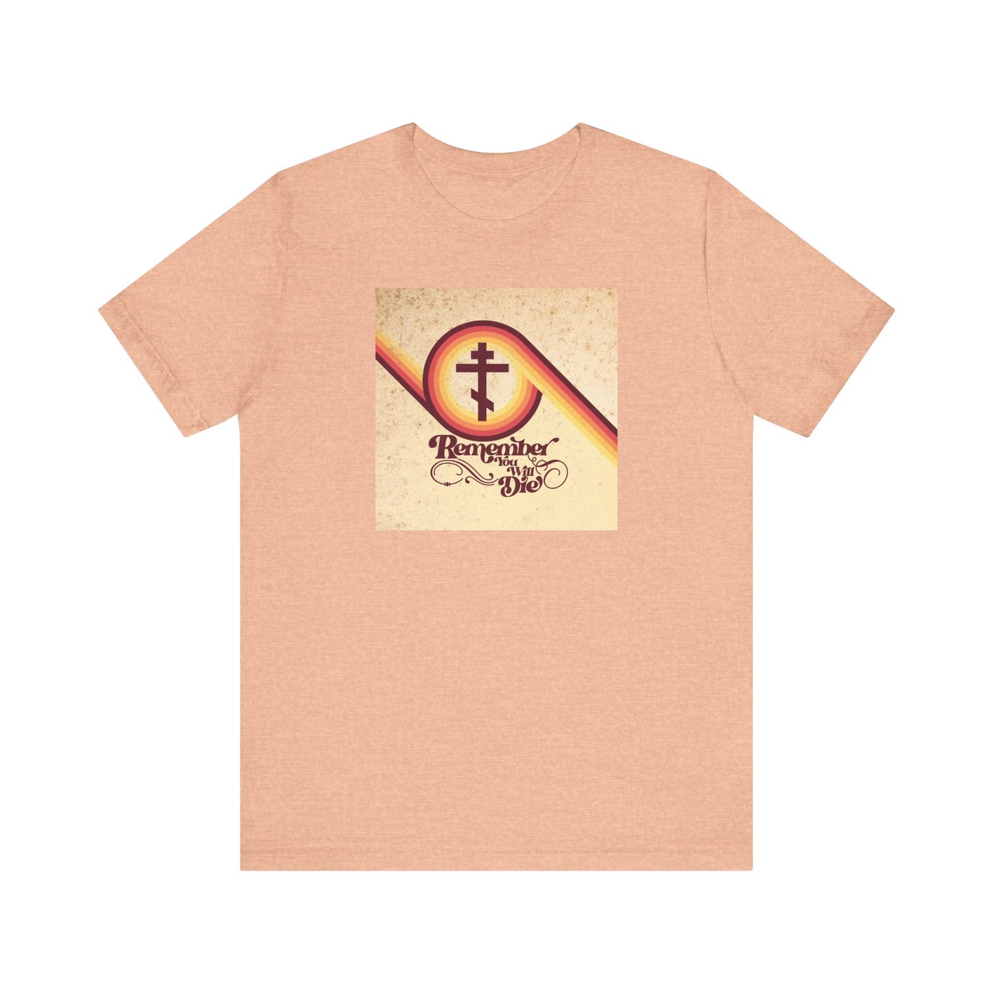 Heather Peach unisex lightweight cotton tee featuring a 70s aesthetic “Remember You Will Die” (Memento Mori) Orthodox Christian design, inspired by Luke 12:16-21.