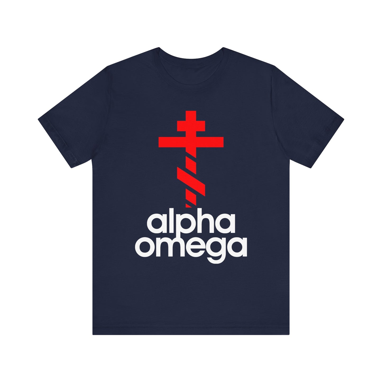 Show your faith in style with this navy Alpha & Omega Red Orthodox Cross tee, featuring a bold minimalist large cross and Adidas-inspired design—perfect for expressing your Christian values of prayer and repentance.